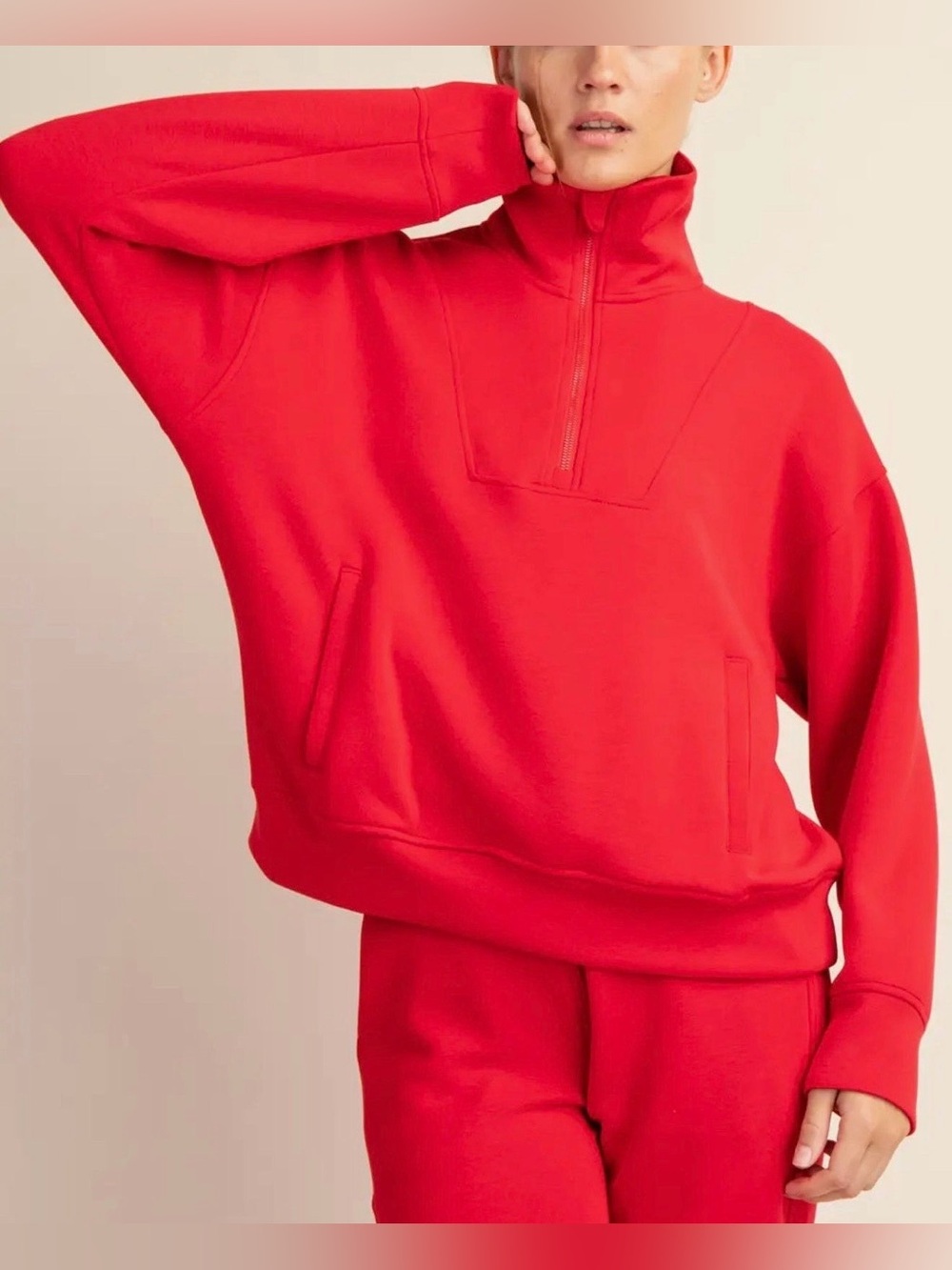 Modal Mock Neck Red Half-Zip Pullover Sweatshirt